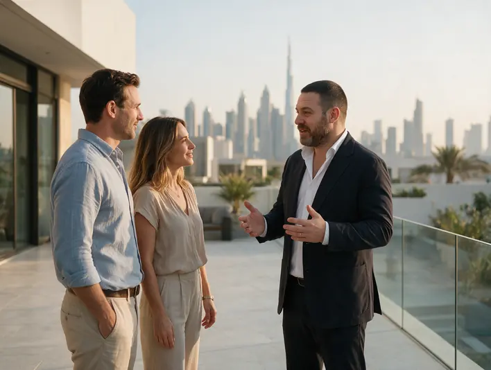A broker talking with a couple on a villa terrace, the city skyline behind them