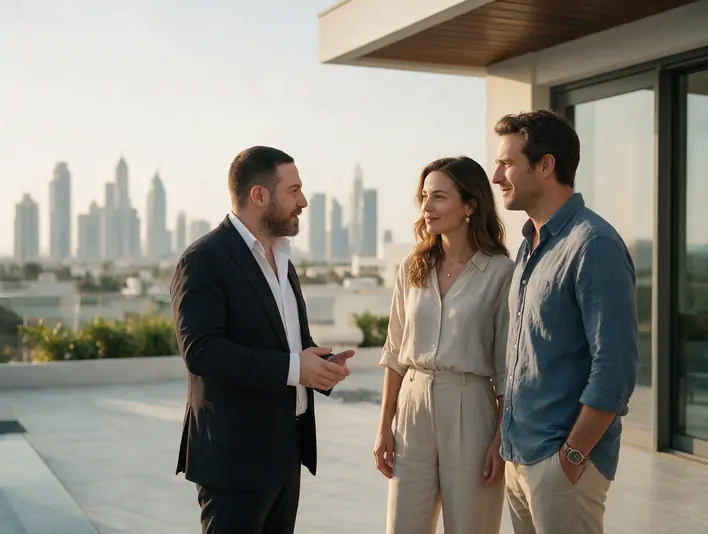 A broker and a couple talking on a terrace
