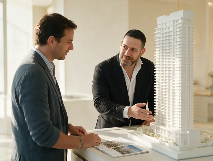 A broker beside a developer's scale model, brochure open