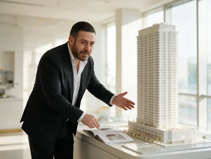 A broker walking a buyer through a tower model at a sales centre