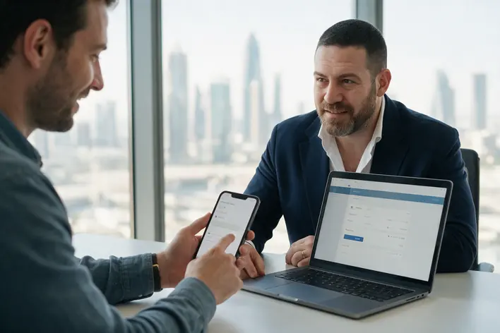 A buyer making the down payment from his phone, the broker's laptop open on the payment plan