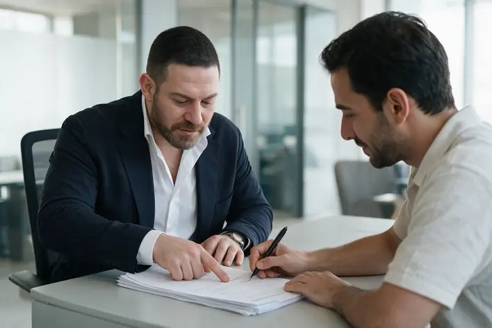 A broker and a buyer signing the sale and purchase agreement