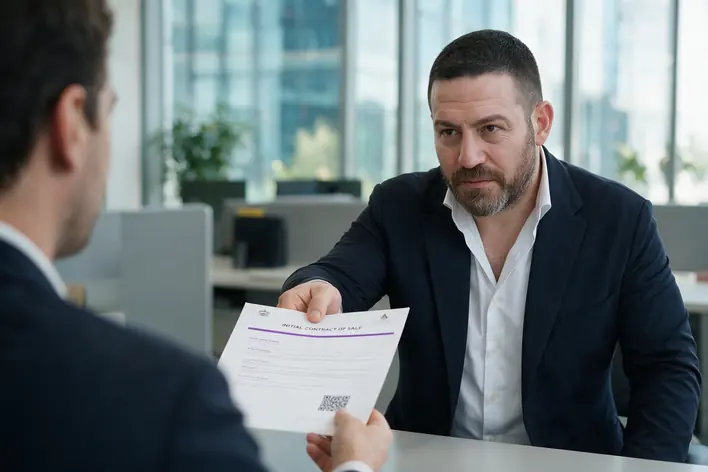 A broker handing a buyer the Initial Contract of Sale, the Oqood