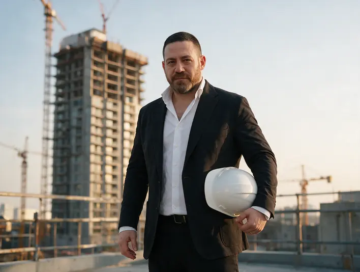 A broker on a site viewing deck, cranes behind