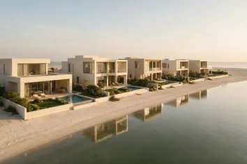 Island & waterfront: beachfront villas along calm water at sunset