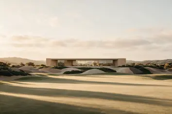 Golf & villa estates: a single low villa across a fairway, long shadows on the grass