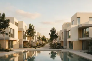 Master-planned suburbs: low-rise homes along a tree-lined water channel