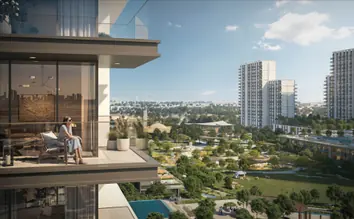 Dubai Hills Estate: a balcony looking over parkland and apartment buildings