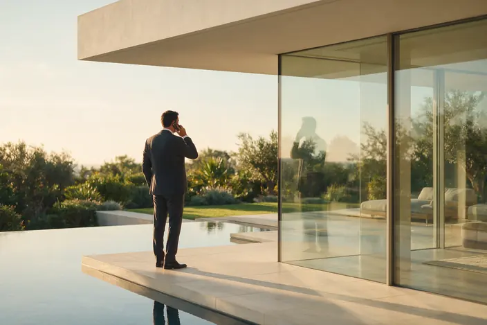 A broker on the phone on a villa terrace beside a pool, looking out over the garden