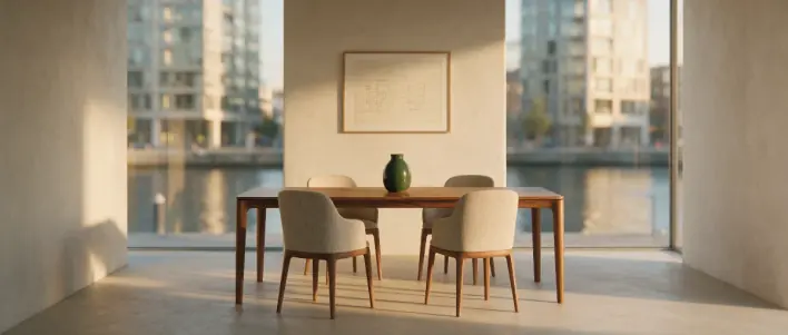 A quiet dining room with a wooden table and a green vase, glass walls onto a canal and towers beyond