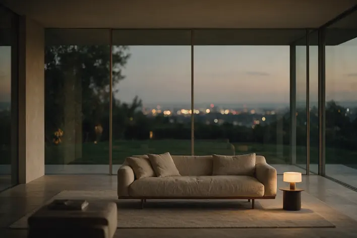 A dim living room at dusk: a linen sofa, one lamp lit, floor-to-ceiling glass onto a garden and distant lights