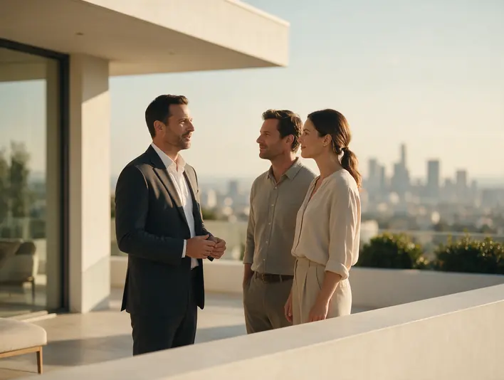 A broker talking with a couple on a villa terrace, the city skyline behind them