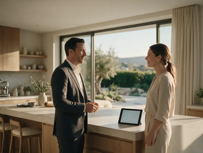 A broker and a homeowner at a kitchen island, a tablet between them