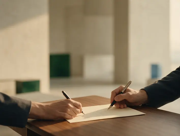 A hand signing a single document on a walnut desk while another steadies the page