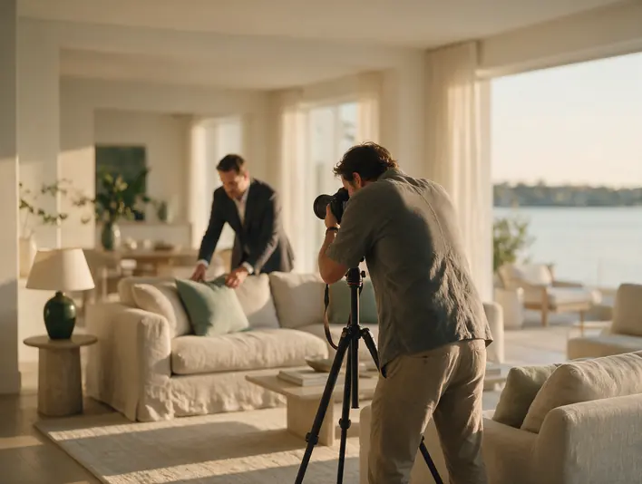 A photographer with a camera on a tripod in a bright living room, a broker arranging cushions behind