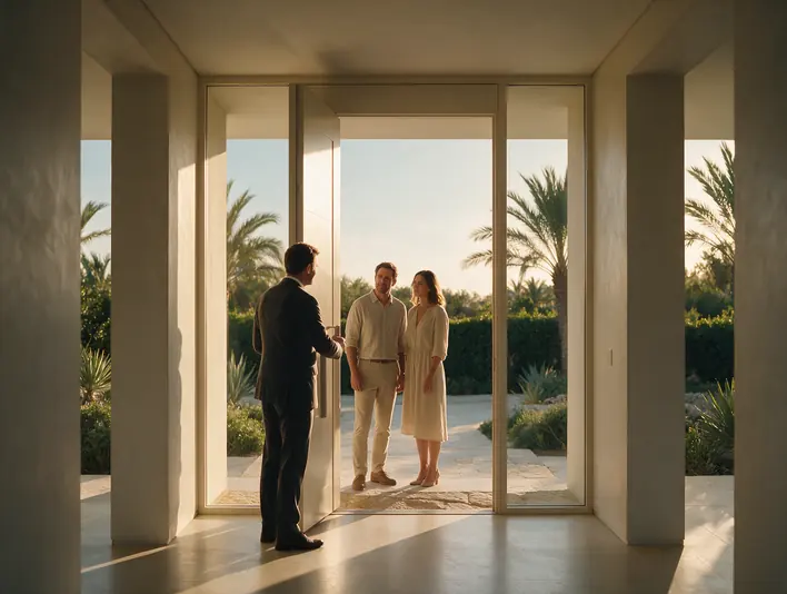 A broker opening a tall front door to a couple, seen from inside the house