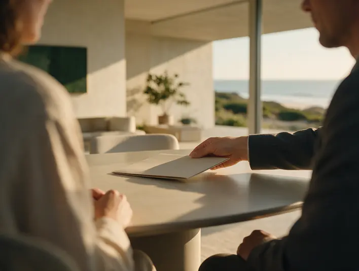 A folder slid across a table between two seated people