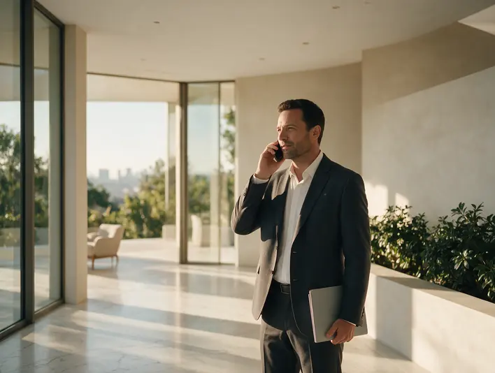 A broker on the phone in a bright, glass-walled interior, holding a thin folder