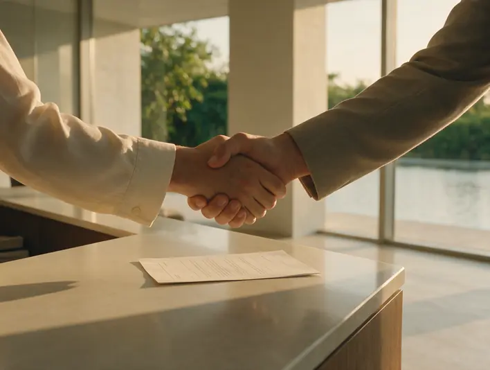 A handshake across a counter with a document lying on it