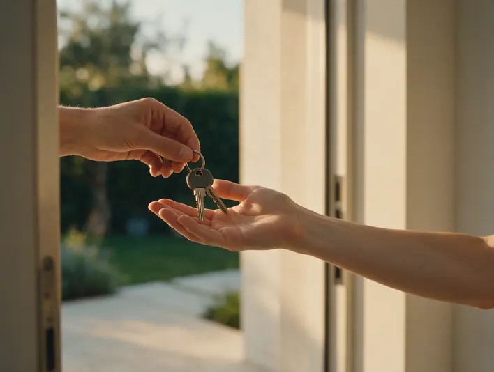 House keys being placed into an open hand at a doorway, a garden behind